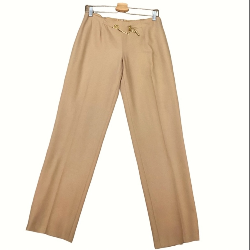 Oscar de la Renta Wool Gold Chain Detail Two Piece Pant Suit in Warm Tan Sz 4 - Picture 7 of 15